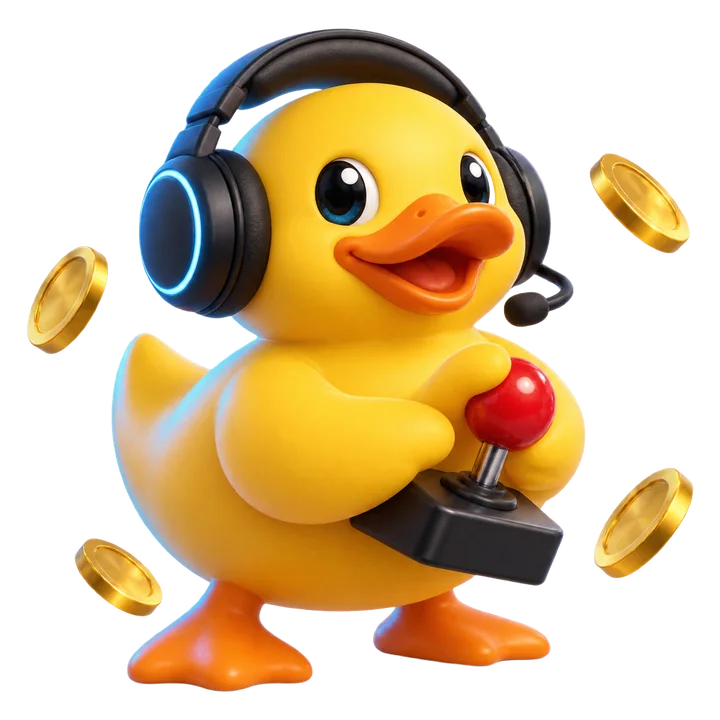 The NiceSweeps duck with a gaming headset and joystick