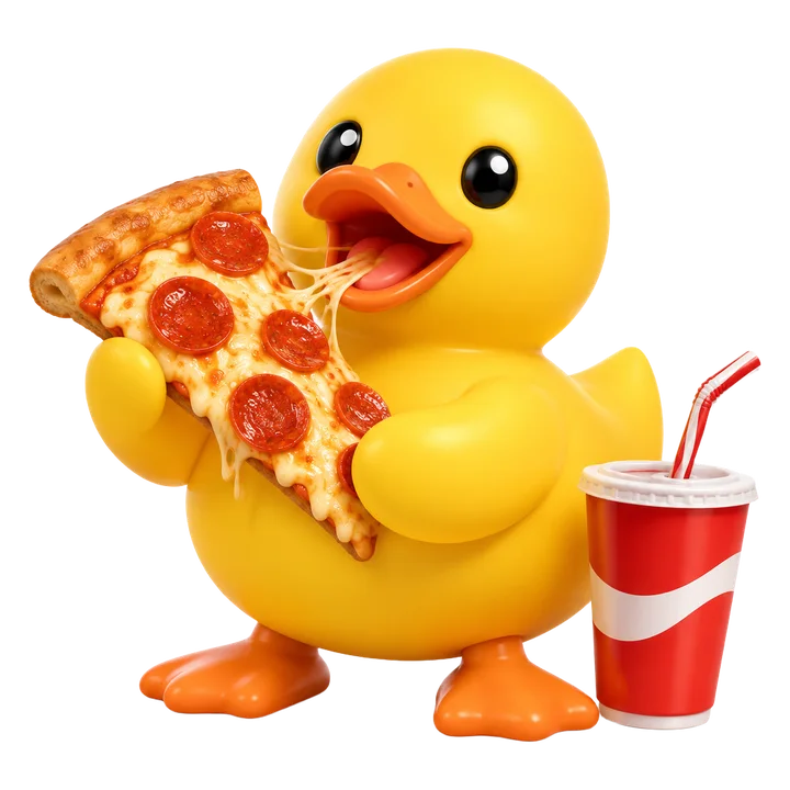The NiceSweeps duck enjoying a slice of pizza
