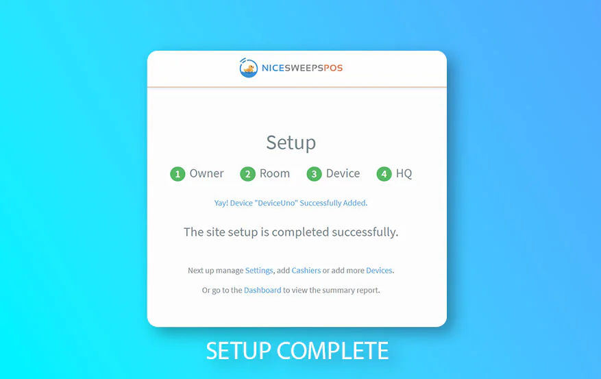 NiceSweeps POS setup complete screen