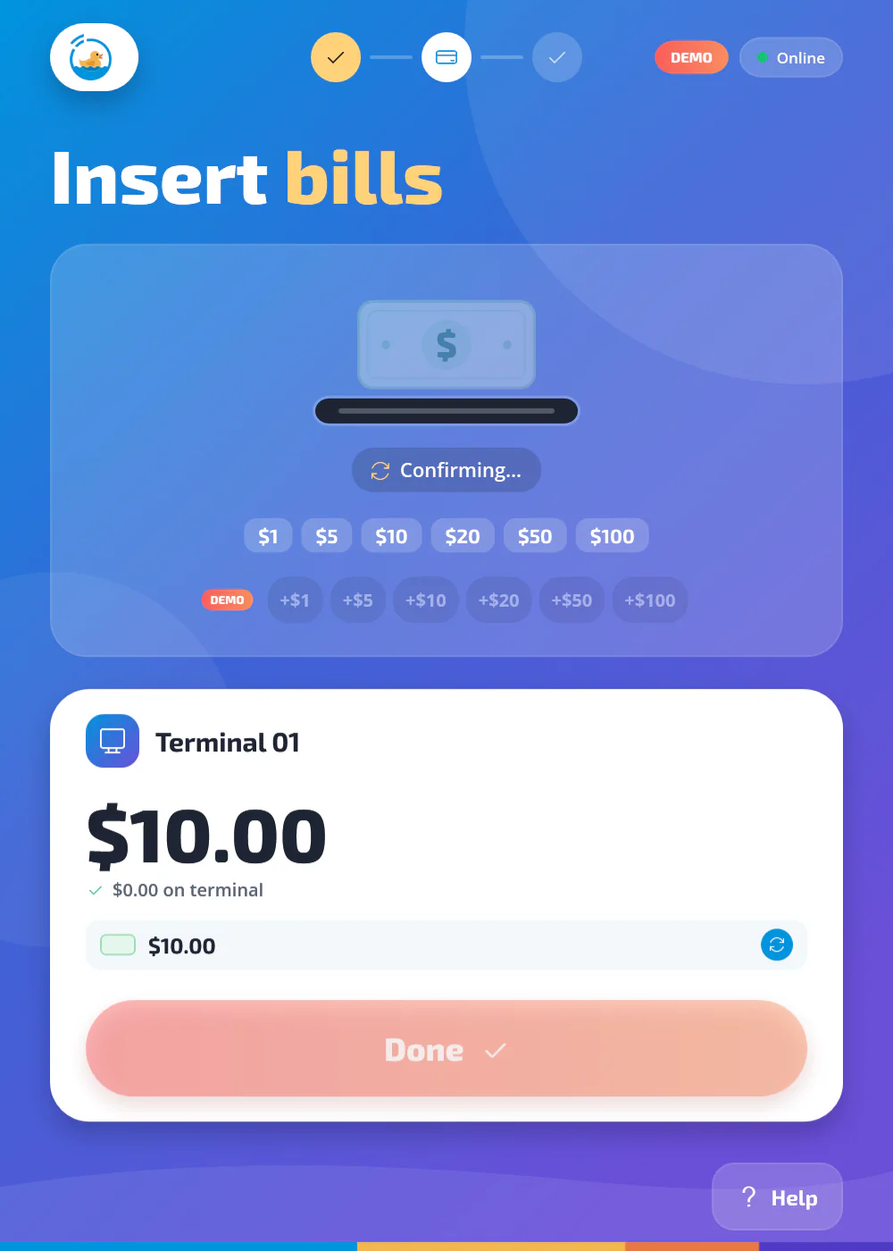 Kiosk insert cash screen in portrait orientation