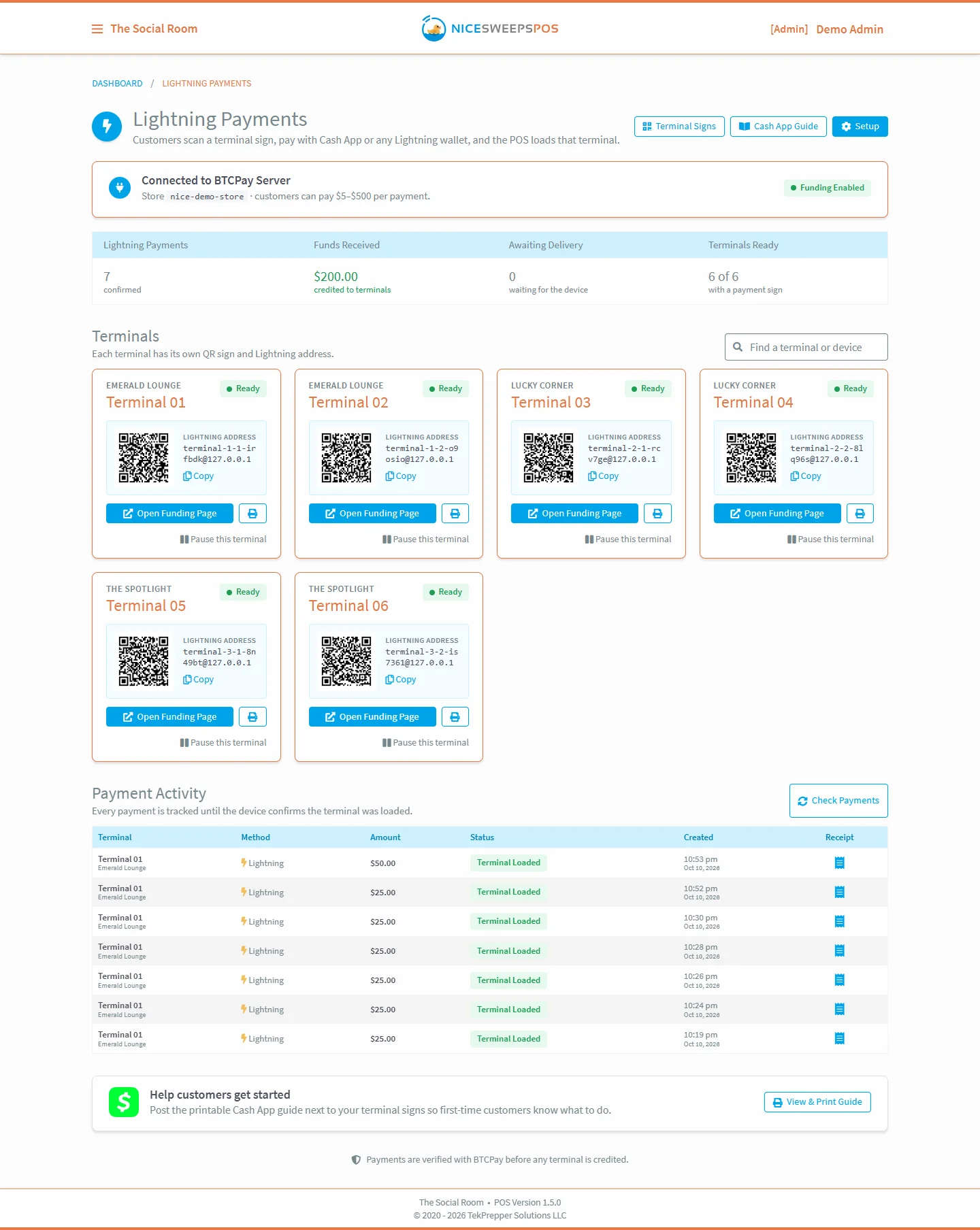 Lightning Payments dashboard in NiceSweeps POS showing terminals, QR codes and payment activity