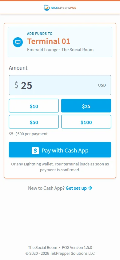 Funding page on a phone showing terminal and amount buttons