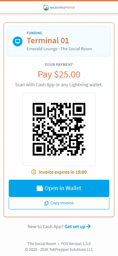 Phone showing a Lightning invoice QR code to fund Terminal 01