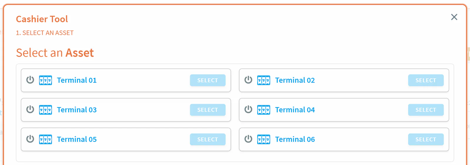 NiceSweeps POS Cashier Tool: select an asset to add money