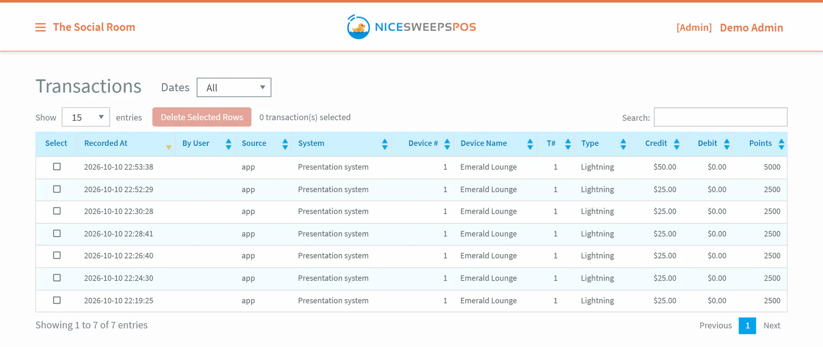 NiceSweeps POS transactions list