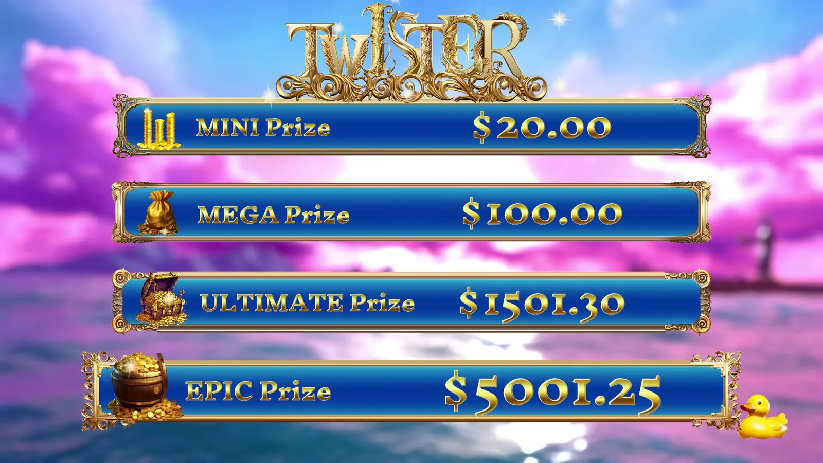 Twister progressive prize board showing Mini, Mega, Ultimate and Epic prizes
